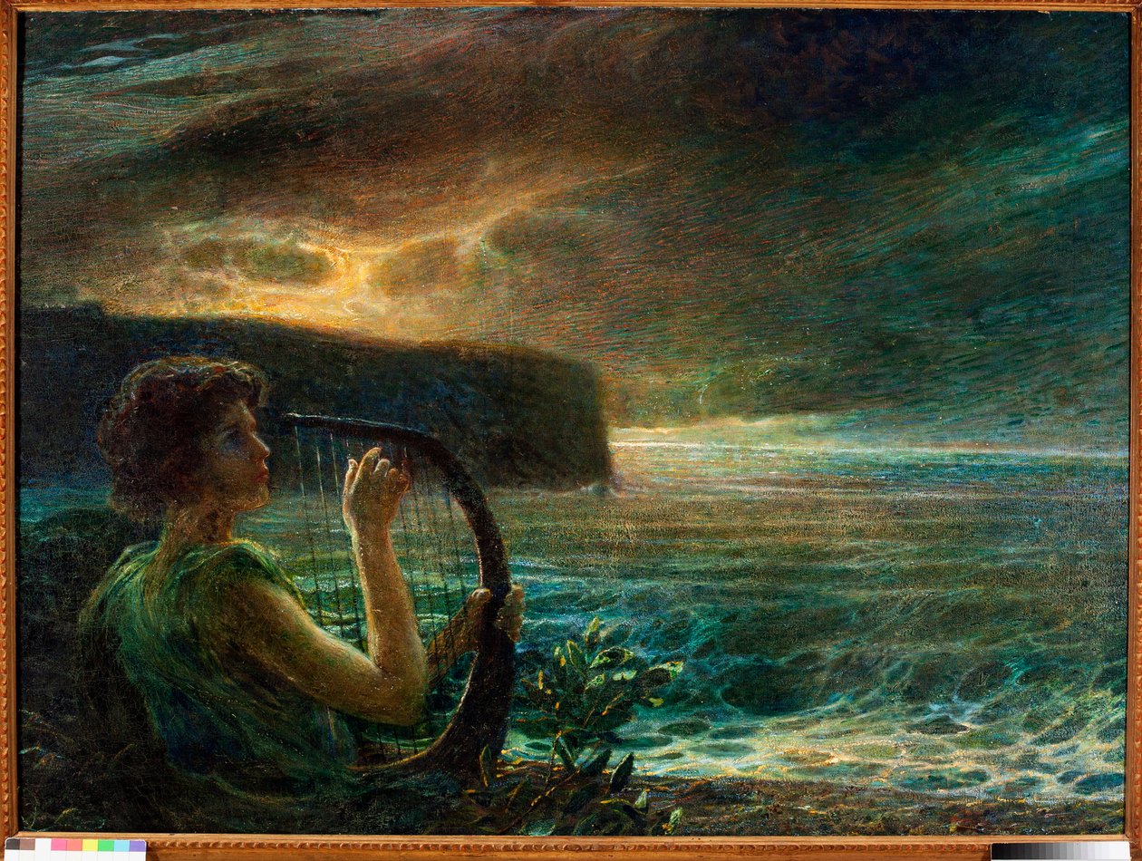 Lua cheia, Homenagem a uma divindade feminina, jogando lira numa paisagem marítima com céu tempestuoso (óleo sobre tela de Plinio Nomellini
