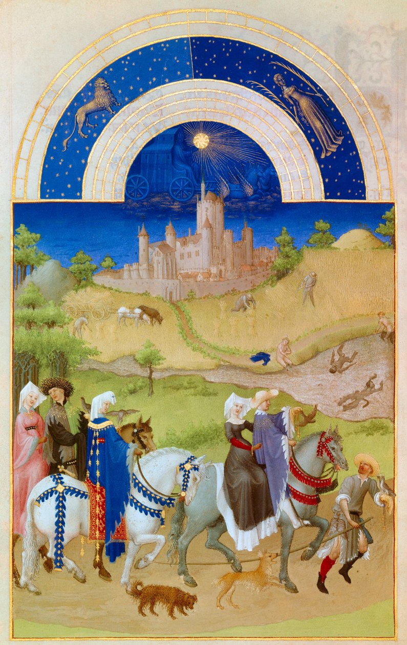 Agosto: Senhores caminhando pelos campos enquanto os camponeses cuidam da colheita e se banham. No fundo: o castelo de Etampes. Miniatura em "The very rich hours of the Duke of Berry" de Pol De Limburg (século XV). Chantilly, Musee Conde de Pol de Limbourg