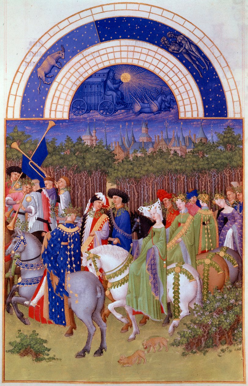 Cortejo de nobres e músicos a cavalo, vista do Palácio Ducal de Riom (?) e o mês de Maio. Miniatura flamenga de Pol De Limburg (século XV) do manuscrito "As riquíssimas horas do Duque de Berry". de Pol de Limbourg