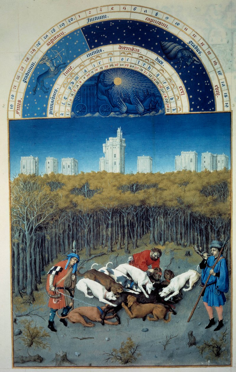 Dezembro: cena de caça. Na vista de fundo da miniatura flamenga Vincennes de Pol De Limburg (século XV) do manuscrito "The very rich hours of the Duke of Berry". de Pol de Limbourg