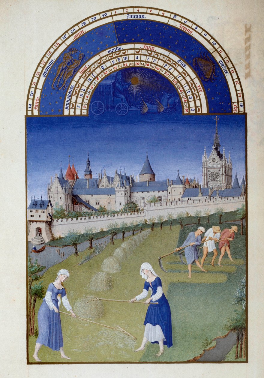 Junho: feno. Nos fundos, o palácio da Capela Sagrada Miniatura Flamenga de Pol De Limburg (século XV) do manuscrito "As horas muito ricas do Duque de Baga". de Pol de Limbourg