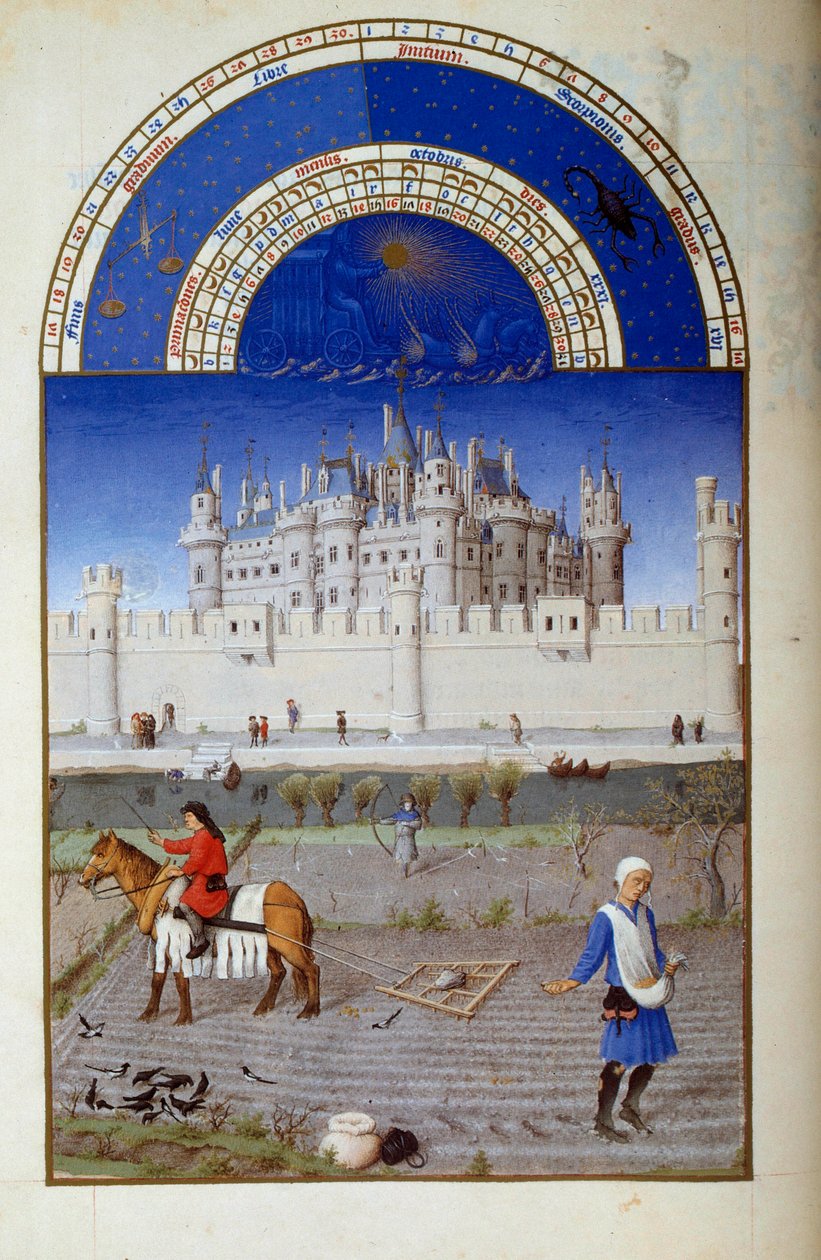 Outubro: a sementeira. No fundo, a Miniatura Flamenga do Louvre de Pol de Limburg de "The Book of Good Moors" de Jacques o Grande (1360-1415/1418), dedicada a John Duke of Berry de Pol de Limbourg