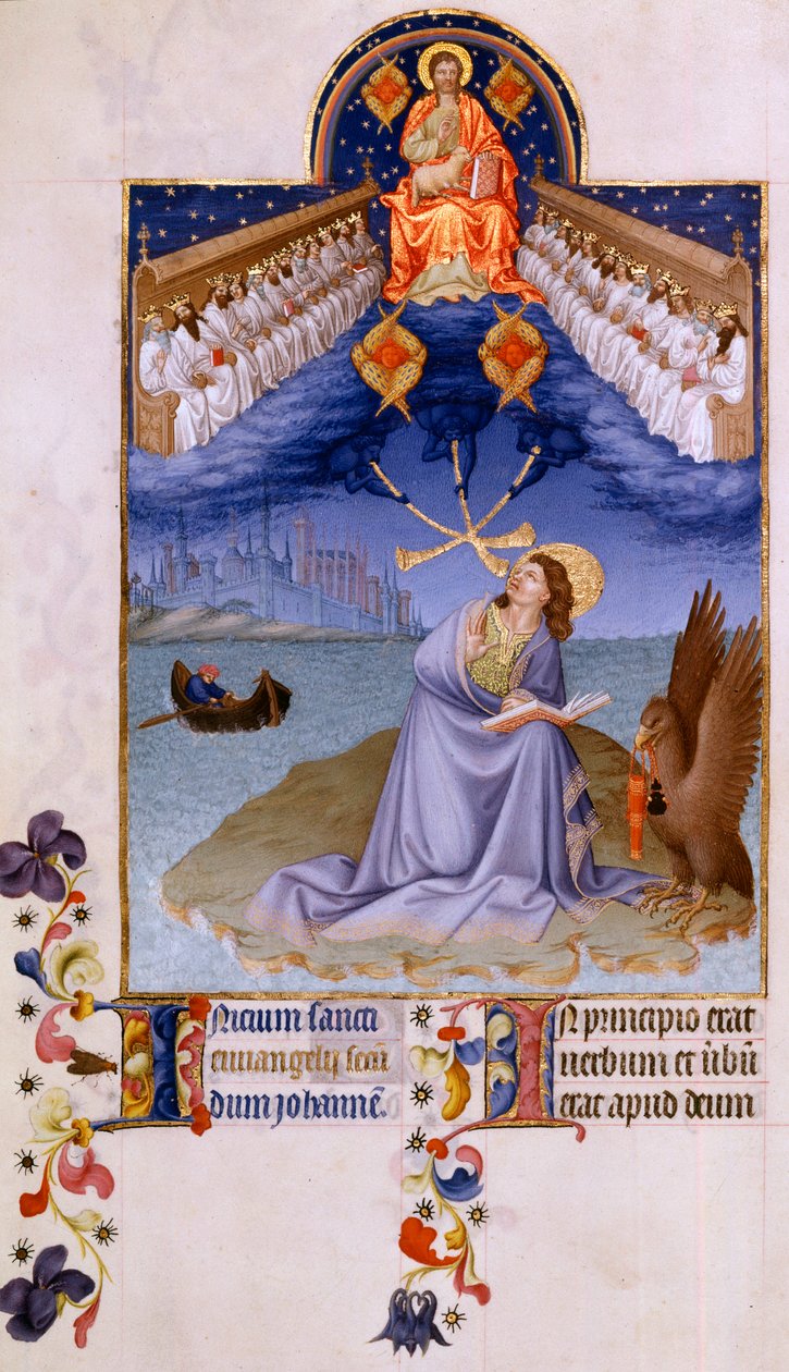 São João a Patmos. "Miniatura em "As horas muito ricas do Duque de Berry" de Pol De Limburg (século XV). Chantilly, Musee Conde de Pol de Limbourg