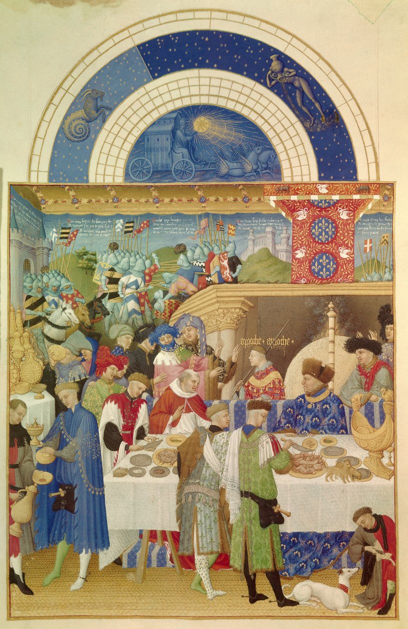 O Duque de Berry tem mesa e o mês de Janeiro. Miniatura flamenga de Pol De Limburg (século XV) do manuscrito "As horas muito ricas do duque de bagas". de Pol de Limbourg
