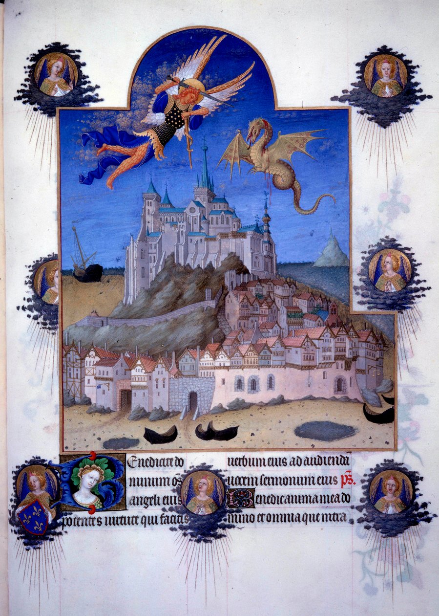 Vista do Monte Saint Michel (Mont-Saint-Michel): o arcanjo Saint Michel e a asa do dragão são representados lutando no ar. Miniatura flamenga de Pol de Limburg de "The Book of Good Moors" de Jacques o Grande (1360-1415/1418), dedicada a João de Pol de Limbourg