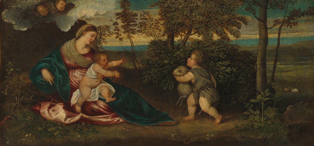 Madonna e criança e o infante São João em uma paisagem, 1540-50 de Polidoro Lanzani