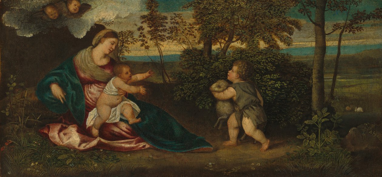 Madonna e criança e o infante São João em uma paisagem de Polidoro Lanzani