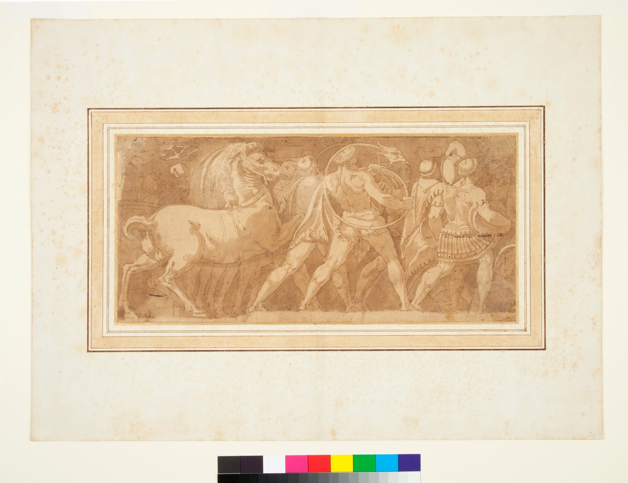 Friso com parte de um triunfo romano (caneta e tinta marrom e aguada marrom) de Polidoro da (after) Caravaggio