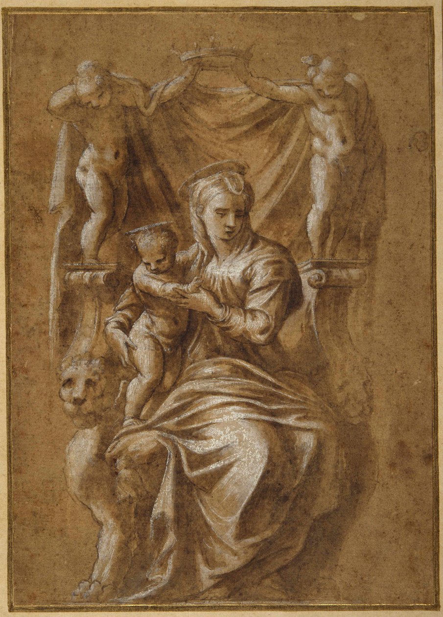 A Madonna e a Criança entronizadas (caneta e tinta castanha com a cor do corpo sobre papel) de Polidoro da (follower of) Caravaggio