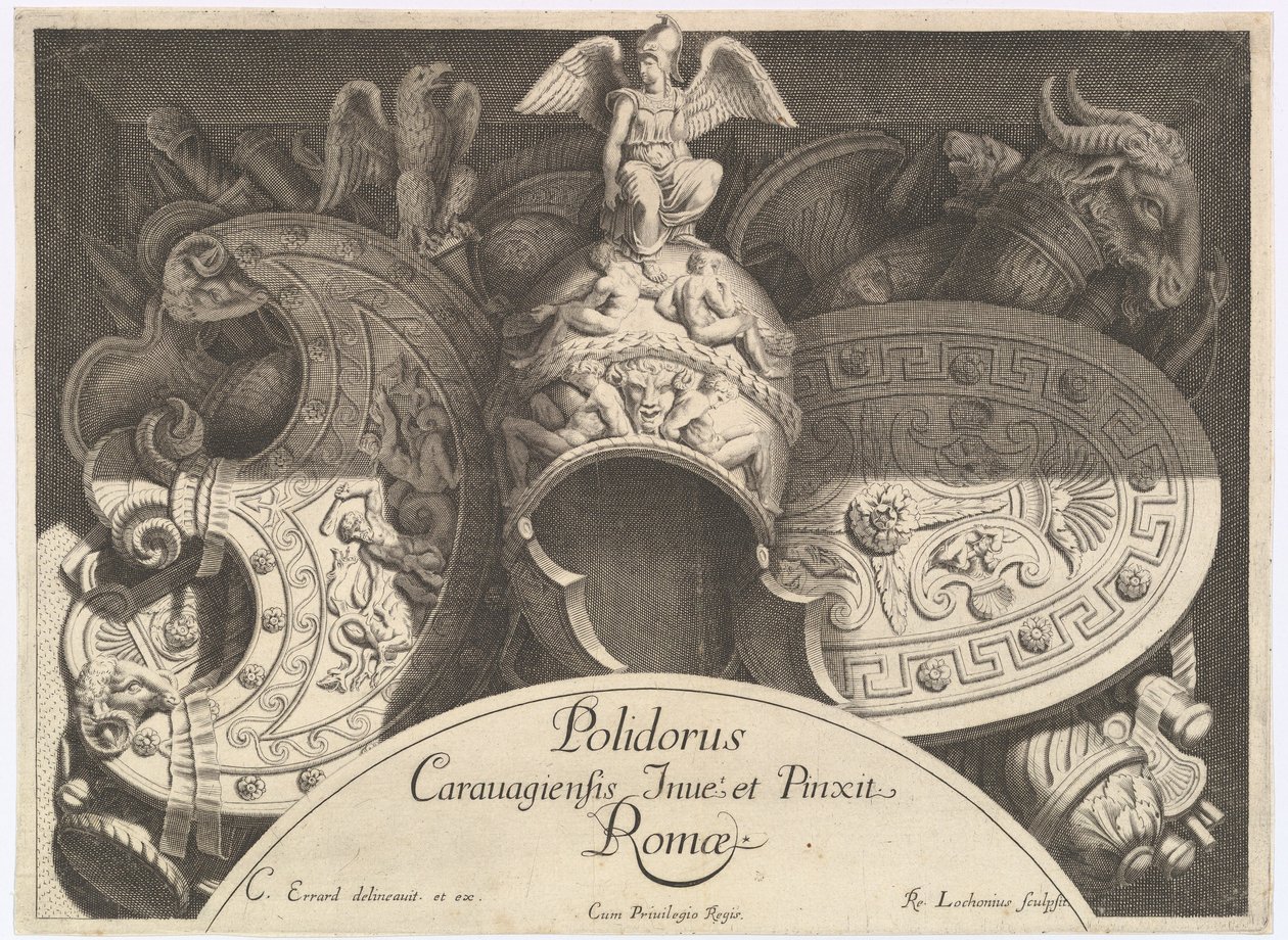 Troféus de armas Divers Trophées após a fachada do Palazzo Milesi em Roma, 1651 de Polidoro da Caravaggio