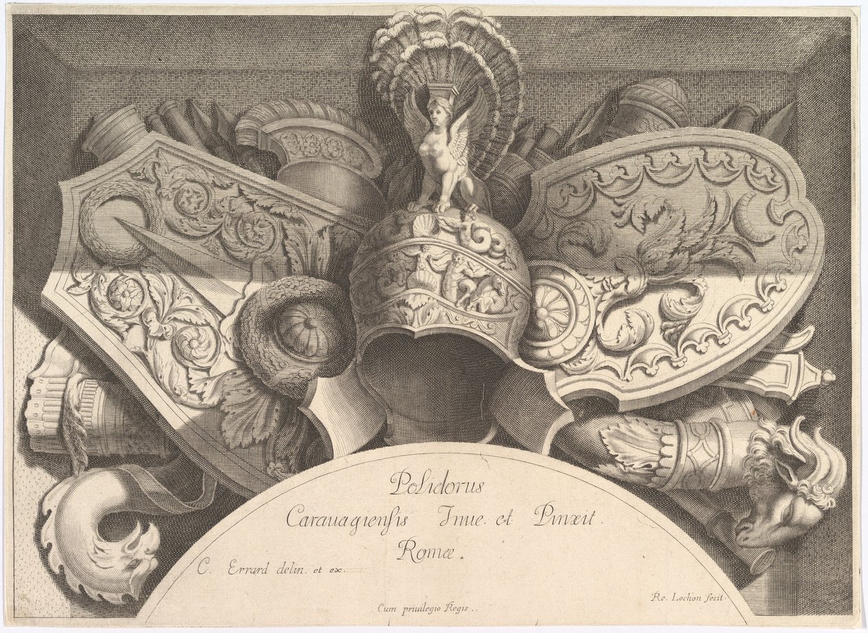 Troféus de armas Divers Trophées após a fachada do Palazzo Milesi em Roma, 1651 de Polidoro da Caravaggio