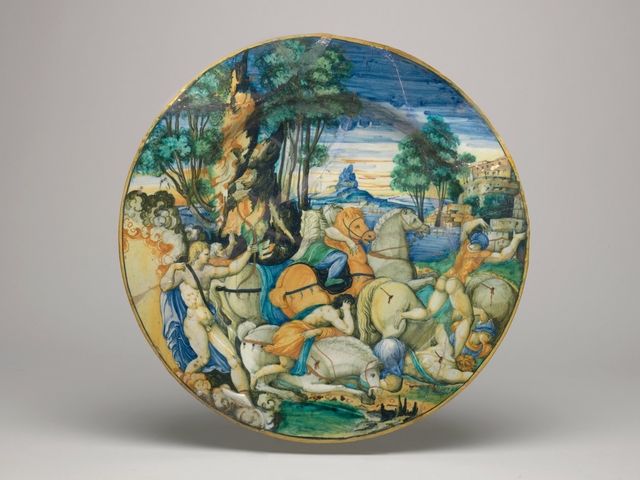 Prato de Maiolica, Apolo matando os Filhos de Niobe- Forma aproximadamente 64 com borda plana, base de prato, 1548 de Polidoro da Caravaggio