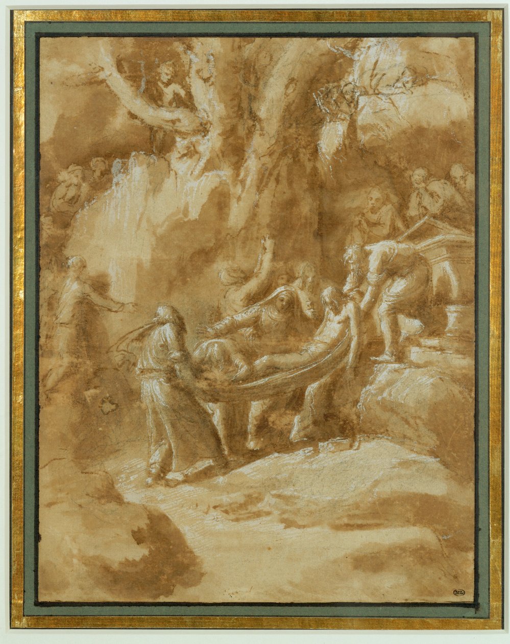 Sepultura. Pedra preta, pincel e lavagem castanha, reflexos brancos sobre papel bege ... de Polidoro da Caravaggio