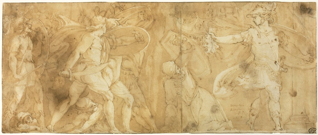 Perseu com a cabeça da Medusa, transformando Phineus e seus seguidores em pedra de Polidoro da Caravaggio