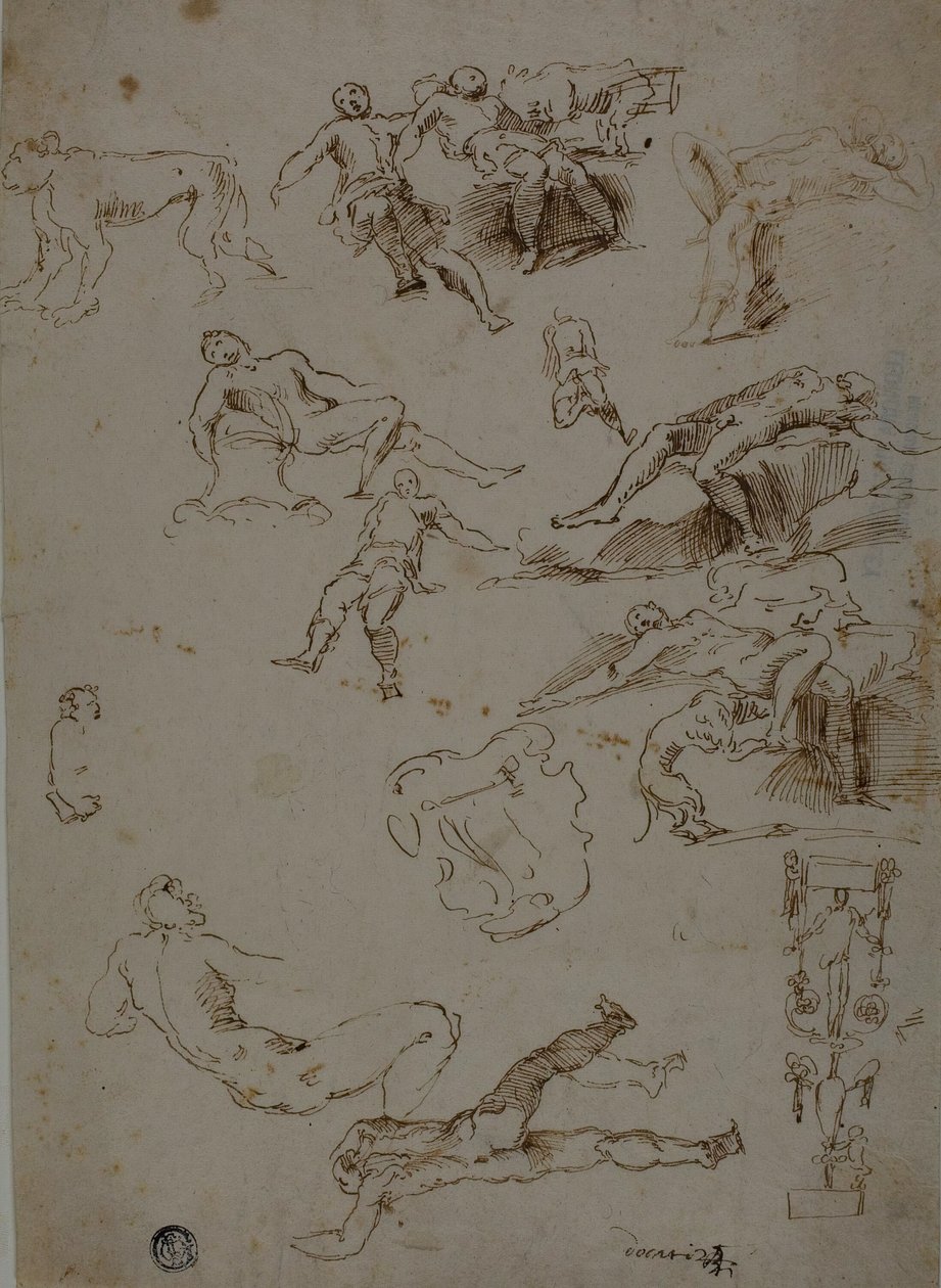Esboços de nus masculinos, animais e detalhes ornamentais de Polidoro da Caravaggio