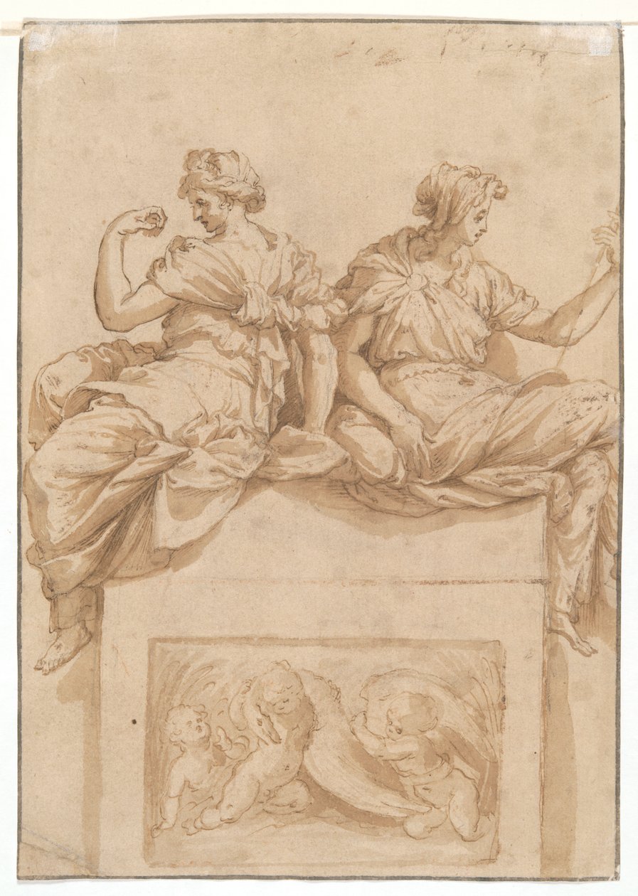 Estudo de um Velho Sentado (reto); Cópia (de artista desconhecido) após estudo de Perino del Vaga para a Sala Paolina, Castel Sant de Polidoro da Caravaggio
