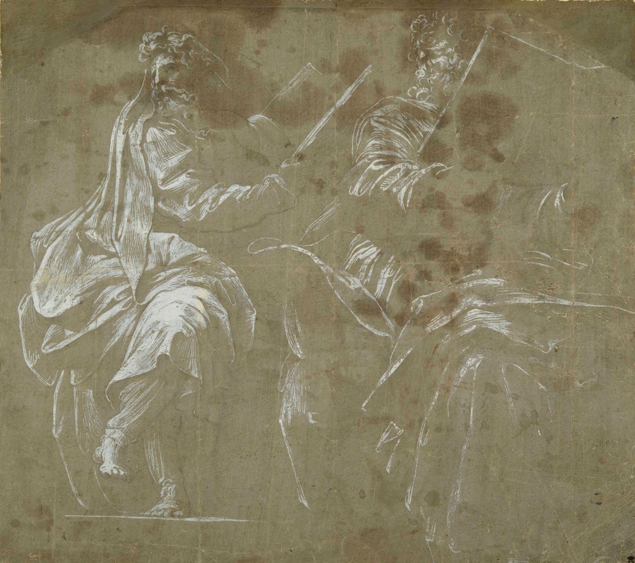Dois profetas barbudos sentados, segurando livros abertos (cor do corpo branca sobre papel cinza) de Polidoro da Caravaggio
