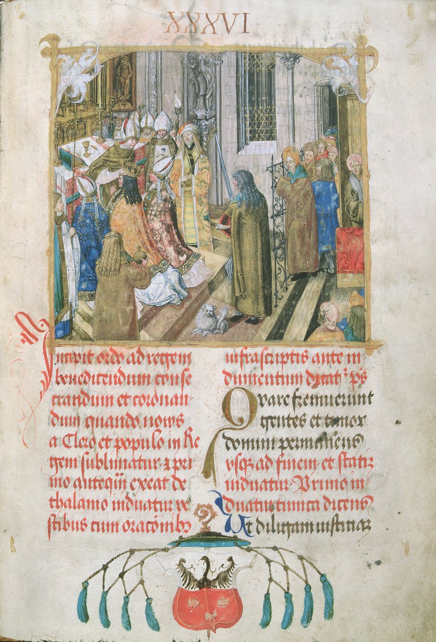 Coroação do Rei da Polônia Apresentando a Insígnia do Poder da Pontifícia do Bispo Erasmo Cioleque, c.1510 (têmpera e ouro em pergaminho) de Polish School