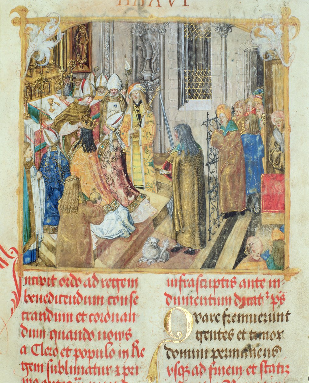 Coroação do Rei da Polônia do Pontifício do Bispo Erasmo Cioleque, c.1510 (têmpera e ouro em pergaminho) de Polish School