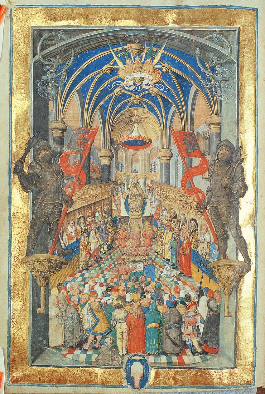 Entronização do Rei da Polônia, do Pontifício Dom Bernardo Ciolek, c.1510 (têmpera e ouro sobre pergaminho) de Polish School