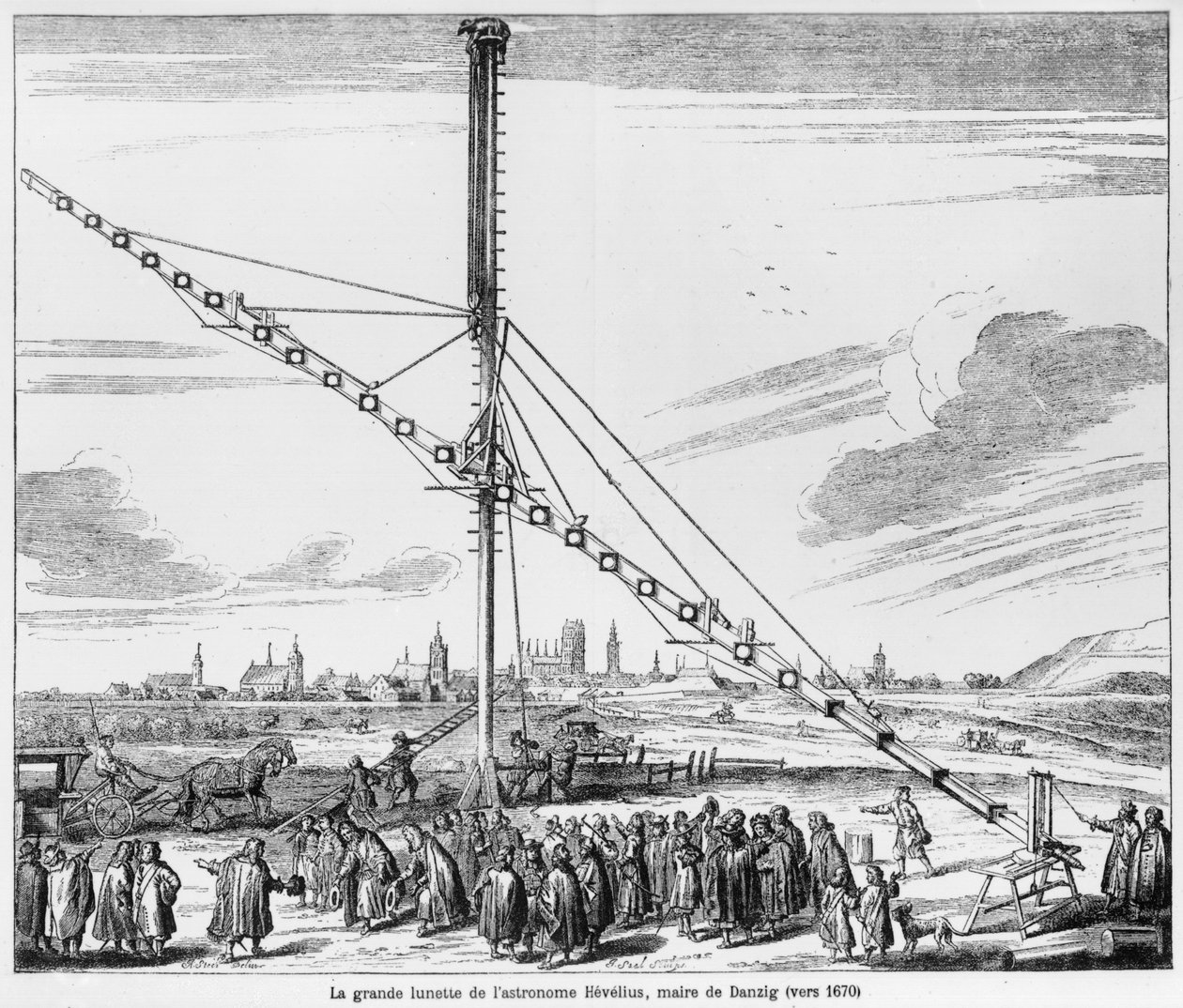 O Grande Telescópio Astronômico de Johannes Hevelius (1611-1687) ilustração de Machina Coelestis por Hevelius, Gdansk, publicado em 1670 de Polish School