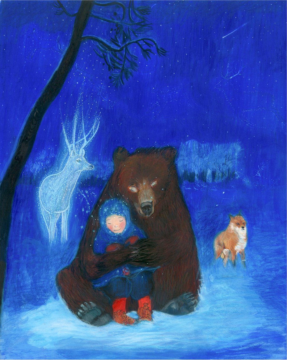 Urso castanho e criança, 2021 (aguarela e guache sobre papel) de Polly Horner