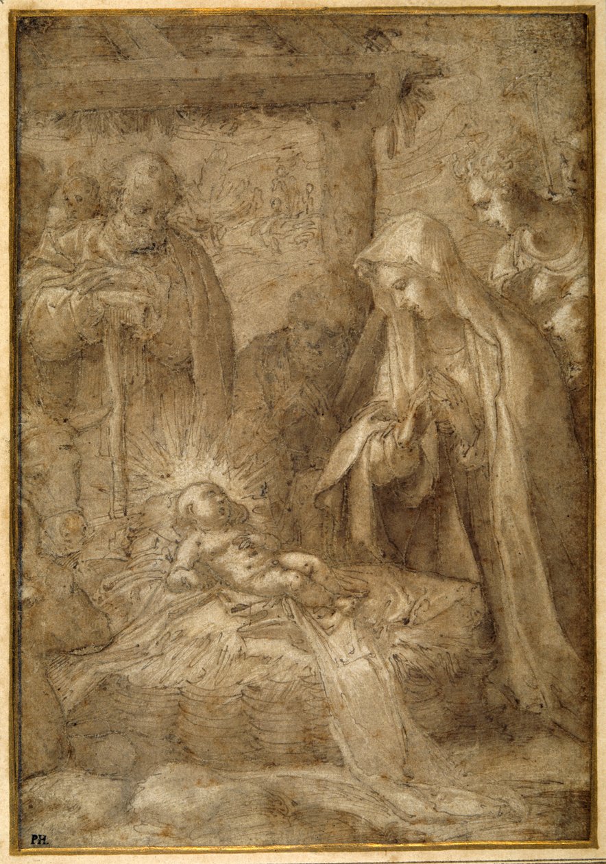 A Adoração dos Pastores (ponto metálico, caneta e tinta com lavagem e guache sobre papel) de Pompeo (fl.1569 71) (attr. to) Cesura