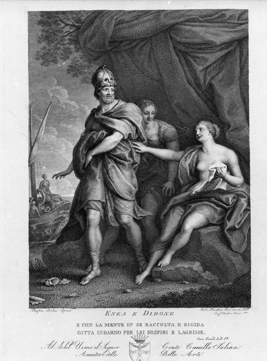 Eneide de Virgil (70 AC-19 AC), Livro IV, o herói troiano Enee abandona Didon que se suicida desesperadamente. Gravura depois de uma pintura de Pompeo Batoni (1708-1787) de Pompeo Girolamo (after) Batoni