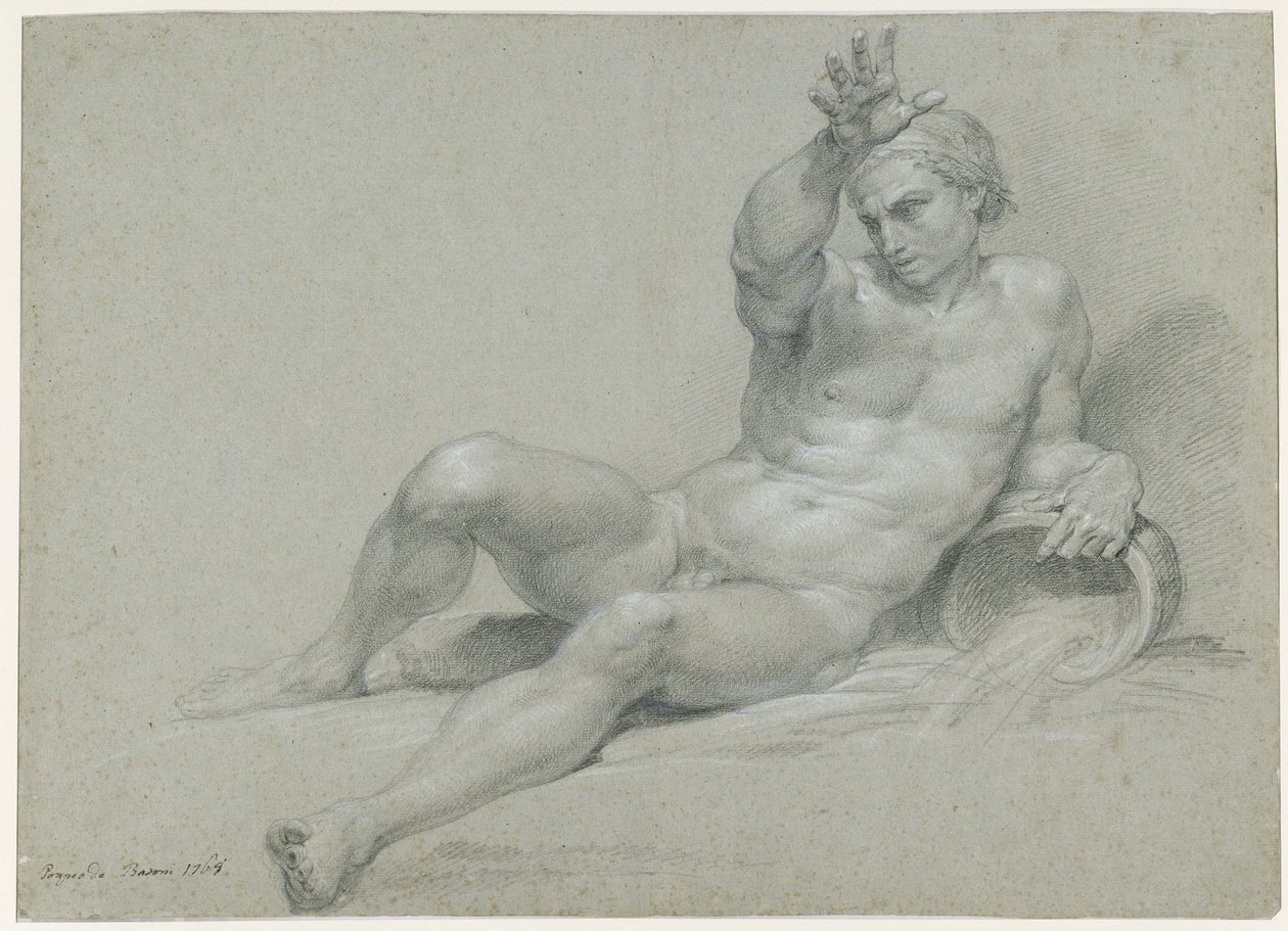 Estudo de nu de um modelo masculino reclinado, com o braço direito erguido, na pose de um antigo deus fluvial, visto obliquamente da esquerda de Pompeo Girolamo Batoni