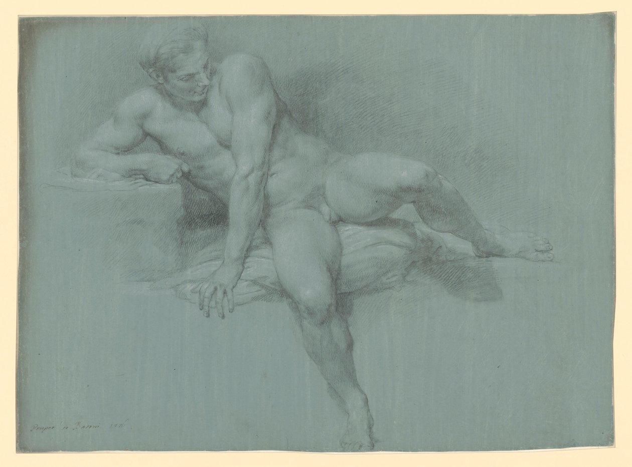Estudo de nu de um modelo masculino reclinado, apoiado no braço esquerdo à frente do corpo de Pompeo Girolamo Batoni