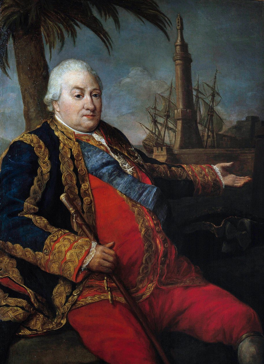 Retrato de Pierre Andre de Suffren de Saint Tropez (Saint-Trophez), oficial de justiça de Suffren (1729-1788), vice-almirante, em grande uniforme de oficial naval Pintura por Pompeo Batoni (1708-1787) de Pompeo Girolamo Batoni