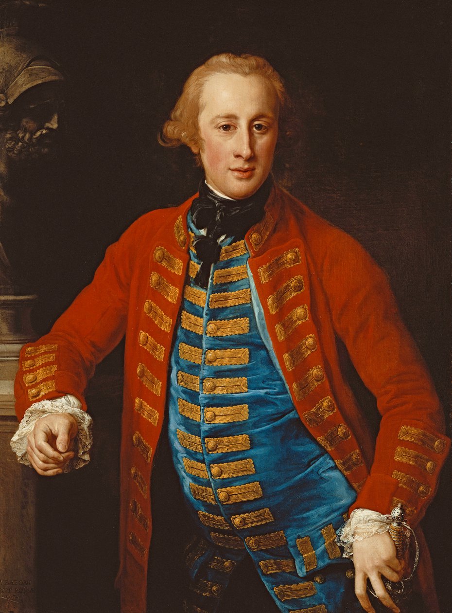 Retrato de um oficial de cavalaria em vestido de passeio, comprimento de três quartos, apoiado em um pedestal por um busto de Marte, 1774 de Pompeo Girolamo Batoni