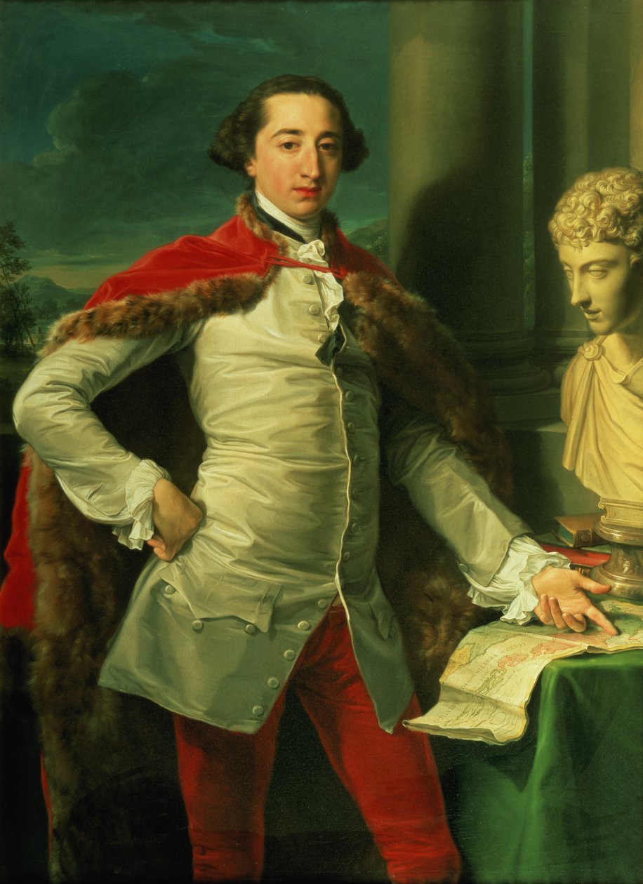 Retrato de um cavalheiro, com três quartos de comprimento, usando um colete branco, uma capa forrada de pele vermelha e calções vermelhos, apontando para um mapa sobre uma mesa, com um busto de Antonino ao lado dele (óleo sobre tela) de Pompeo Girolamo Batoni