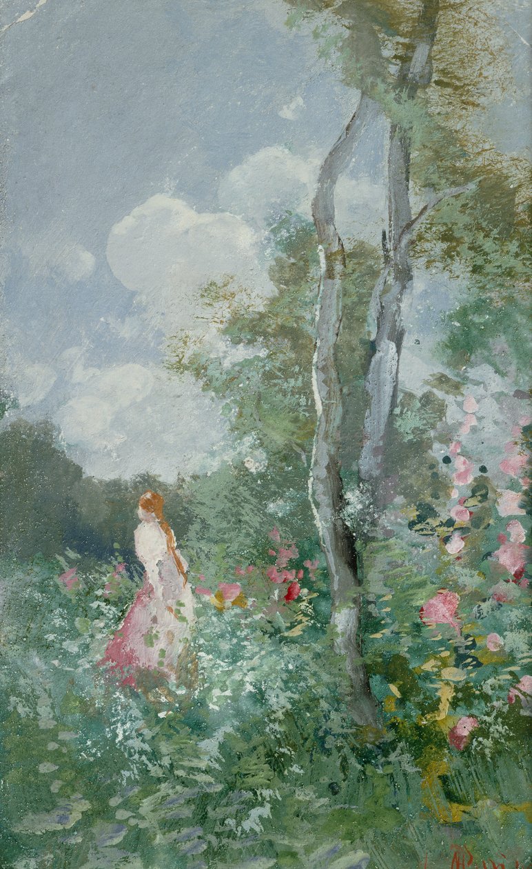 A Girl Walking in a Wooded Glade (cor do corpo no papel) de Pompeo Mariani