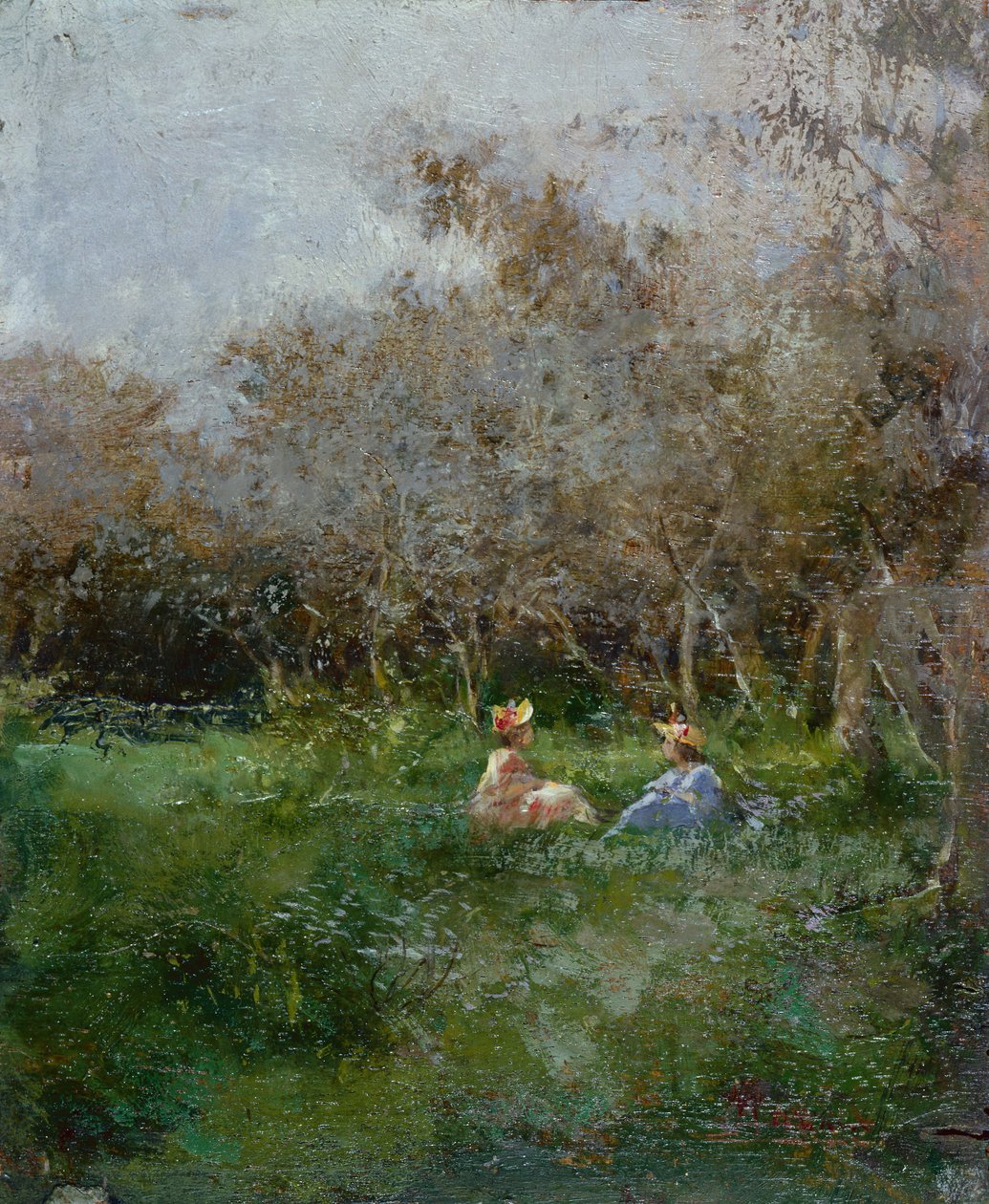 Senhoras elegantes descansando em uma paisagem arborizada (óleo no painel) de Pompeo Mariani