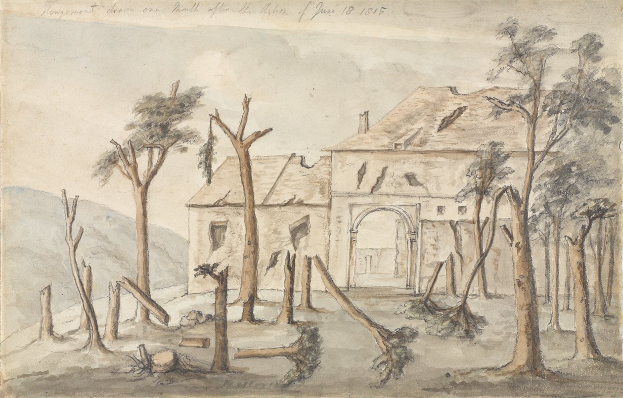 Hougoumont desenhado um mês após a ação de 18 de junho de 1815, julho de 1815 (lápis e wc no papel) de Ponsonby
