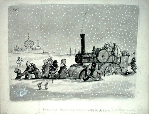 Erros de concepção populares: Life in Russia, ilustração de Punch, publicada em 27 de dezembro de 1939 (caneta, tinta, aquarela monocromática e corpórea sobre papel) de Pont