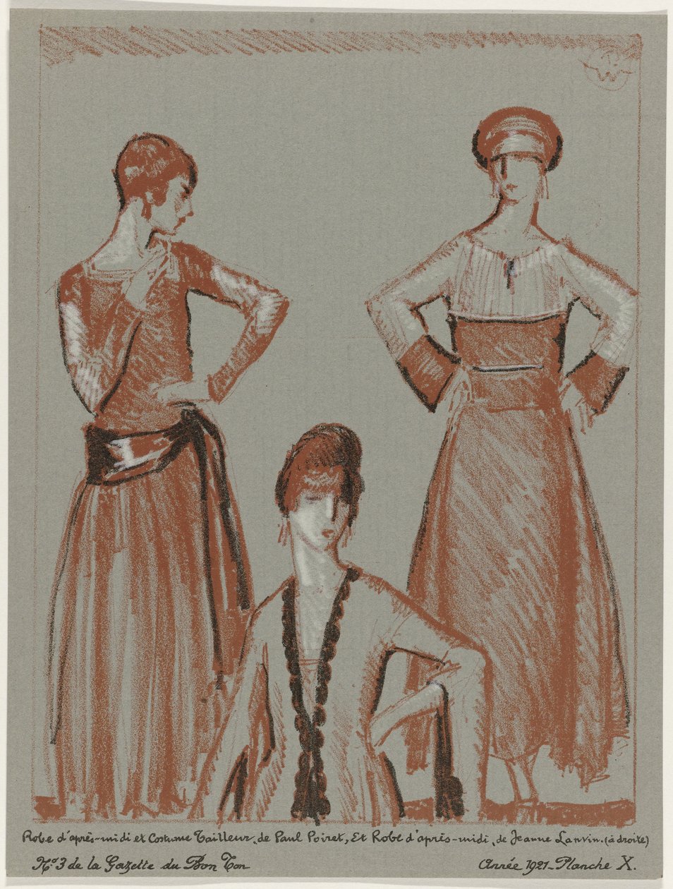 Gazette du Bon Ton, 1921 - No. 3, Pl. X: Vestido de tarde e terno sob medida, de Paul Poiret, e vestido de tarde, de Jeanne Lanvin (título no objeto) de Porter Woodruff