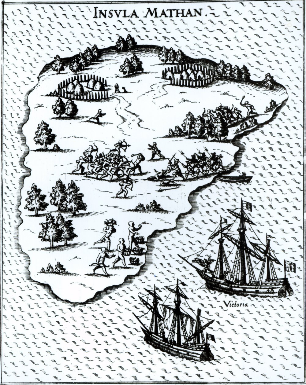 Ferdinand Magellan (c.1480-1521) Lutando nativos na ilha de Mactan em 1521 de Portuguese School