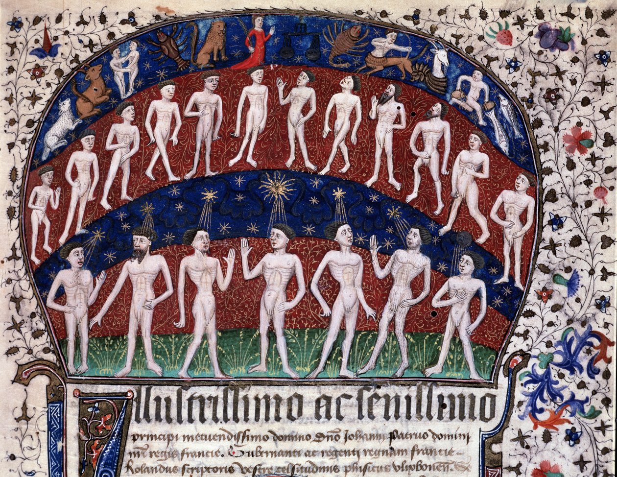 Lisboa, MS 52-XIII-18 f.1r, representando em miniatura as correspondências entre os órgãos e os planetas e a influência das estrelas no humor, de "Physionomia Rolandi Ulixbonensis", de Rolandus Scriptoris de Portuguese School