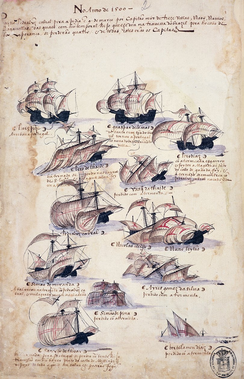 Pedro Alvares Cabral (c.1467-c.1520) Chegando ao Brasil em 1500, de &39;Libro dea Armadas&39; de Portuguese School