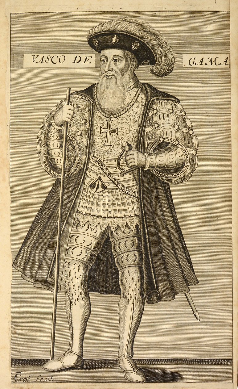 Vasco de Gama de The Luciad, ou Purtugals Historicall Poema de Luis de Camoens (ca. 1524–1580). Traduzido do português para o inglês por Sir Richard Fanshaw (1608–1666). Londres: Humphrey Moseley, 1 de Portuguese School