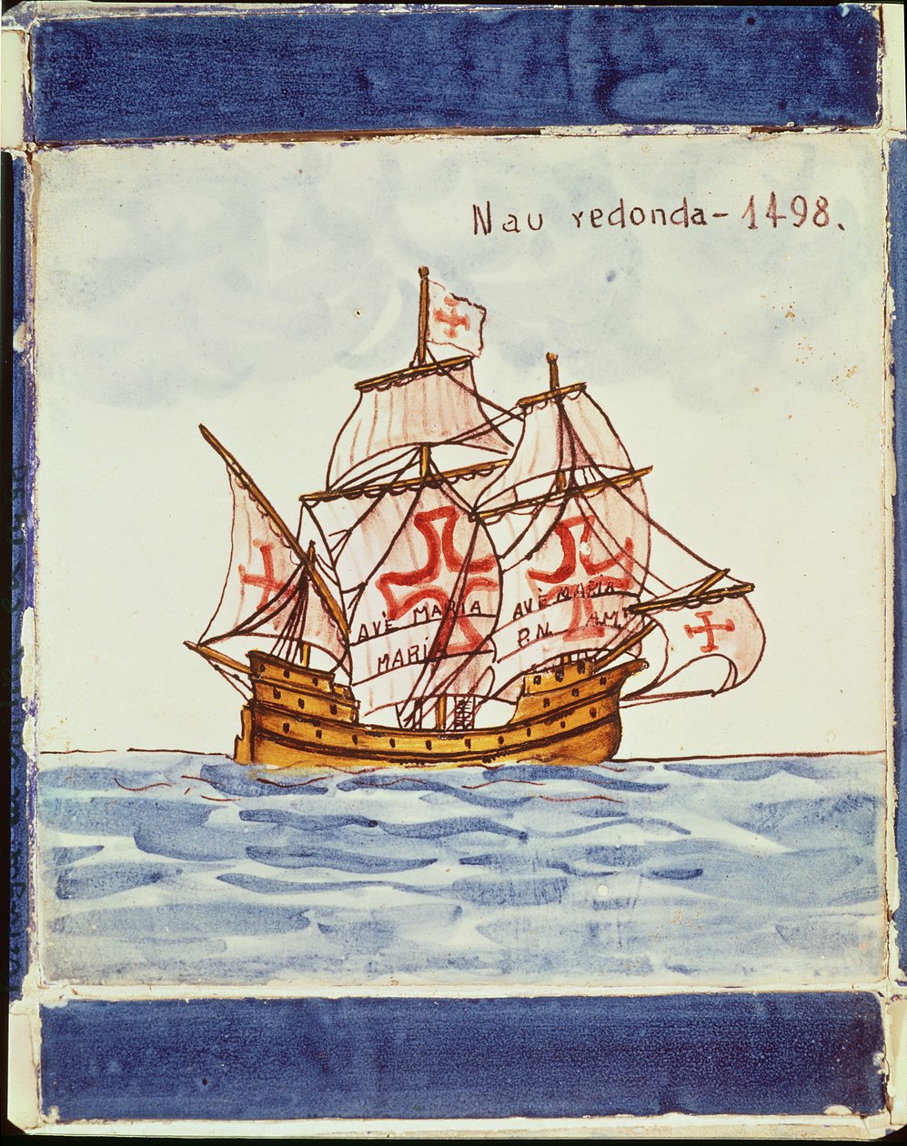 Azulejo azulejo representando um navio, de Sagres, 1498 (cerâmica) de Portuguese School
