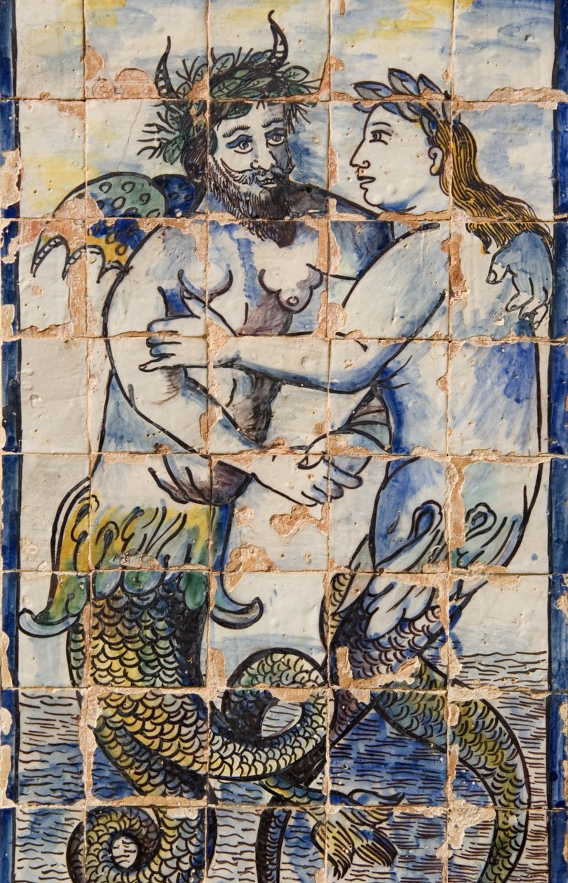 Azulejos azulejos nos jardins do palácio retratando criaturas do mar (cerâmica) de Portuguese School