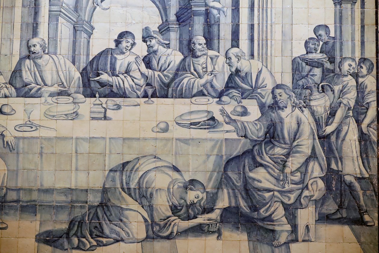 Igreja da Misericórdia. Azulejos. Jesus é ungido por uma mulher pecadora em Lucas 7,36-50. Évora. Portugal. de Portuguese School