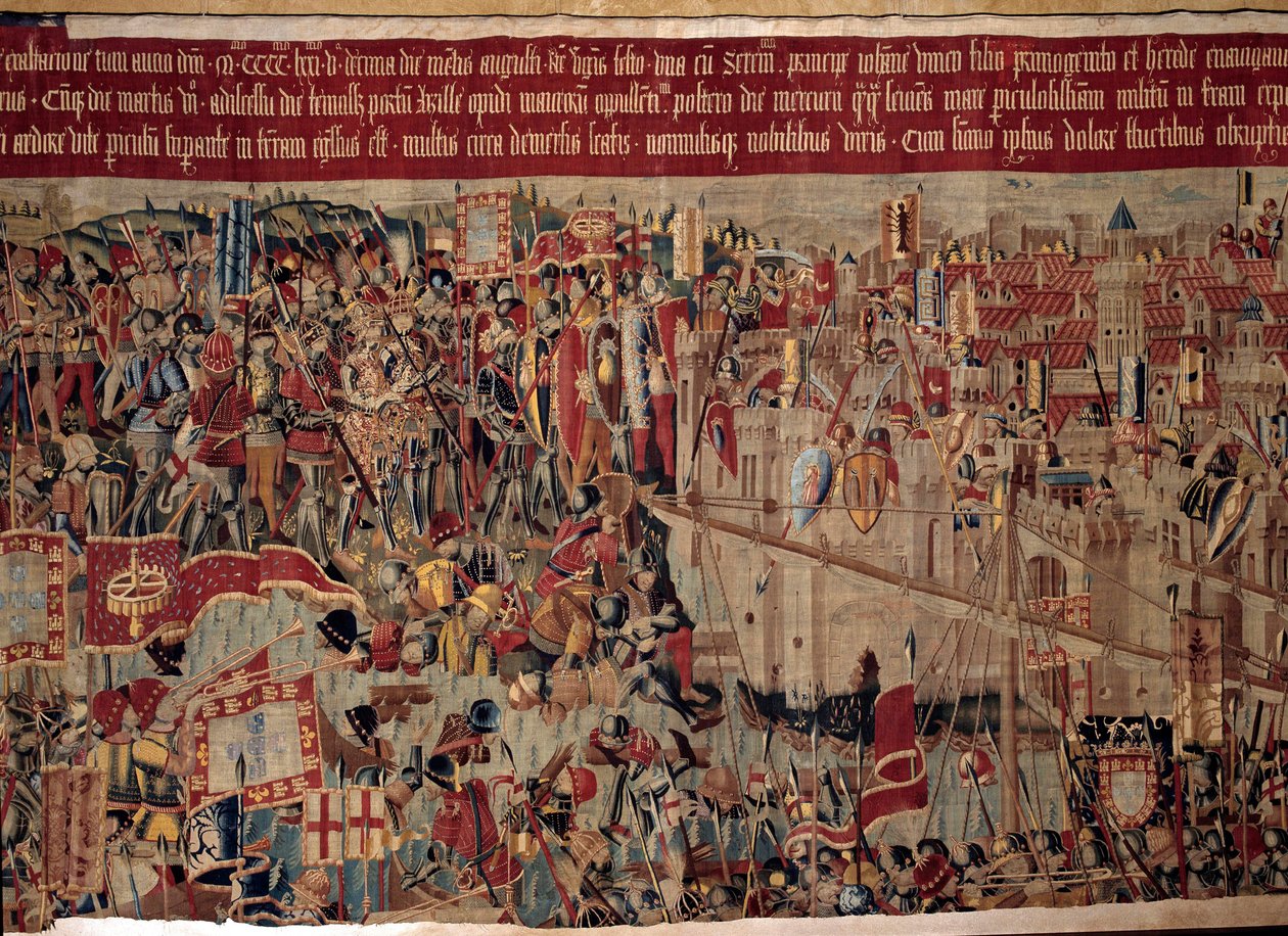 Conquete de África: "A captura de Asilah (Arzila) em Marrocos em 1471 pela frota portuguesa" Fragmento de uma tapeçaria da escola portuguesa do século XVI. Lisboa, Museu Nacional de Arte Antiga de Portuguese School