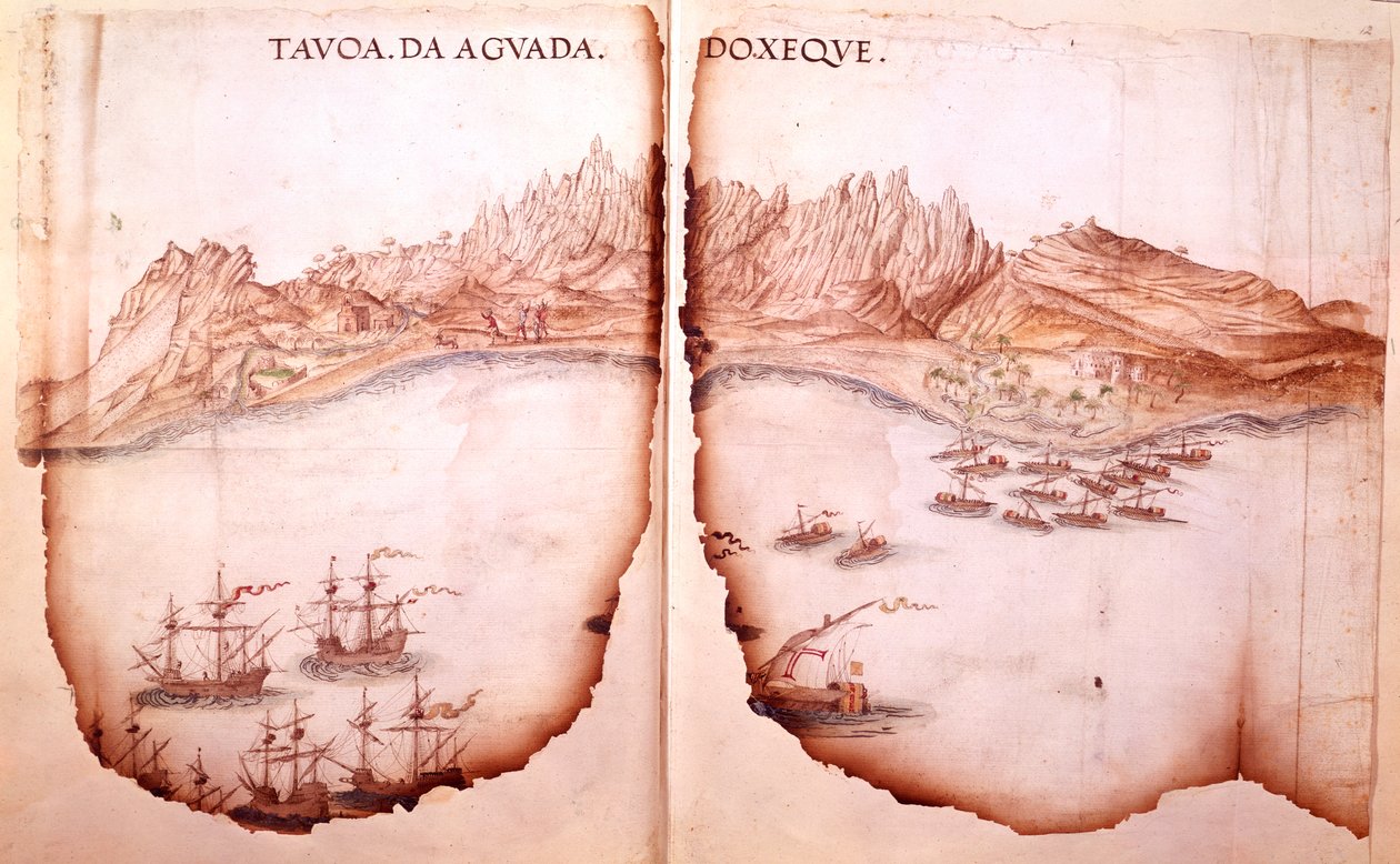 Algodão Tiberius D. IX, ff.11v-12 Vista de Aguada, ilustração de 