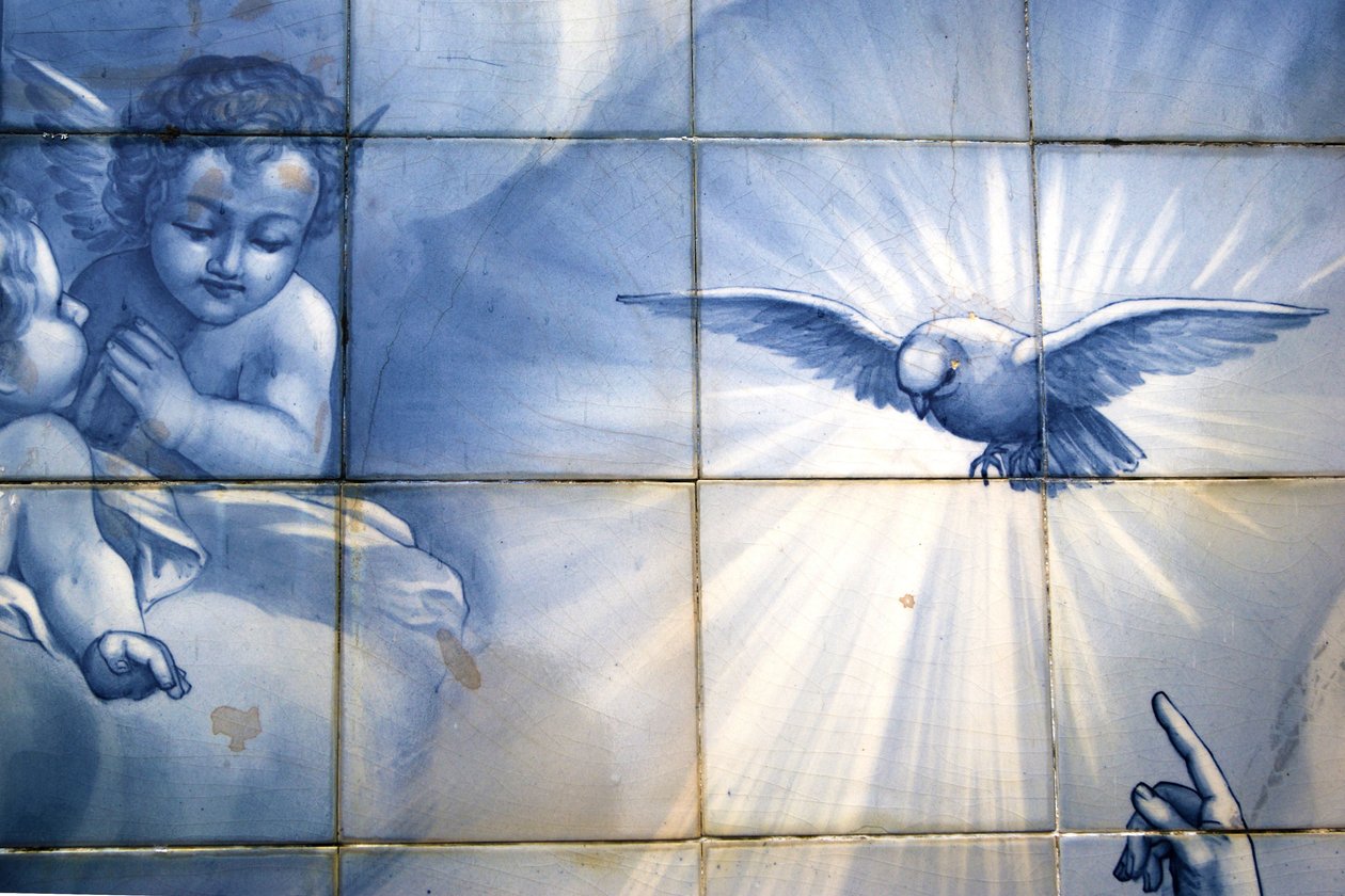 Detalhe do Arcanjo Gabriel apontando para a Pomba, painel decorativo retratando a Anunciação, Lamego, Portugal. 1738 (azulejos cerâmicos) de Portuguese School
