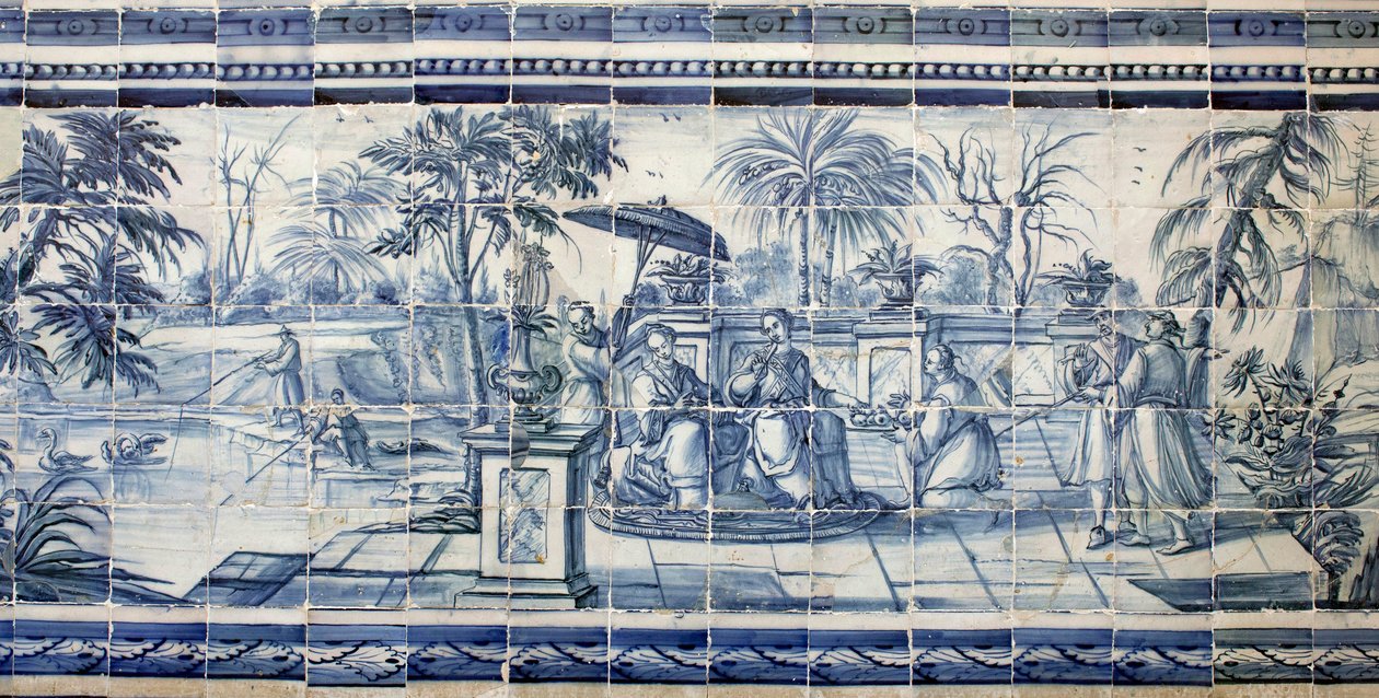 Degustação de frutas perto de um lago na Ásia - Azulejos, faiança pintada de Portuguese School