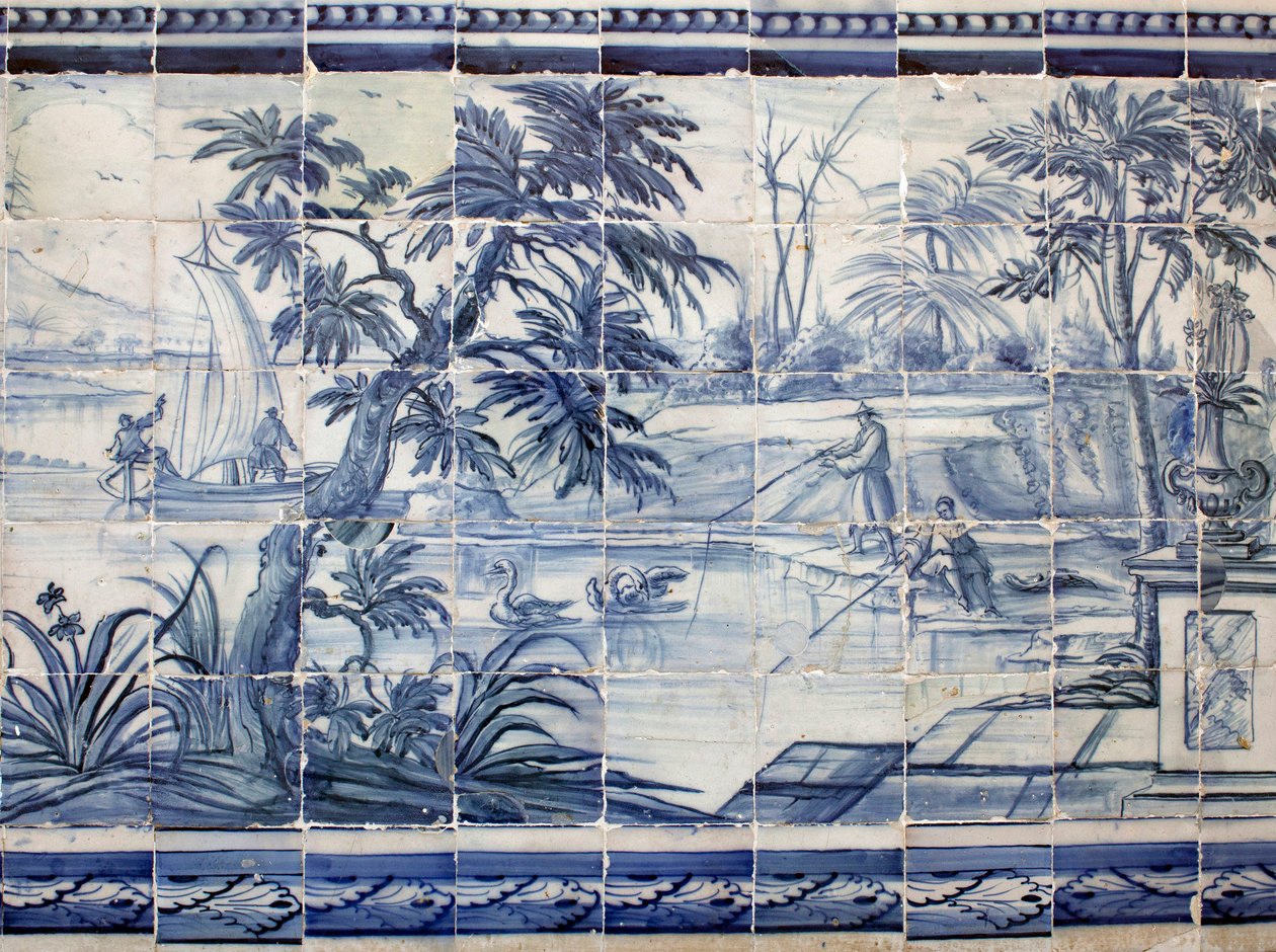 Pescadores de lago na Ásia - Azulejos, faiança pintada de Portuguese School